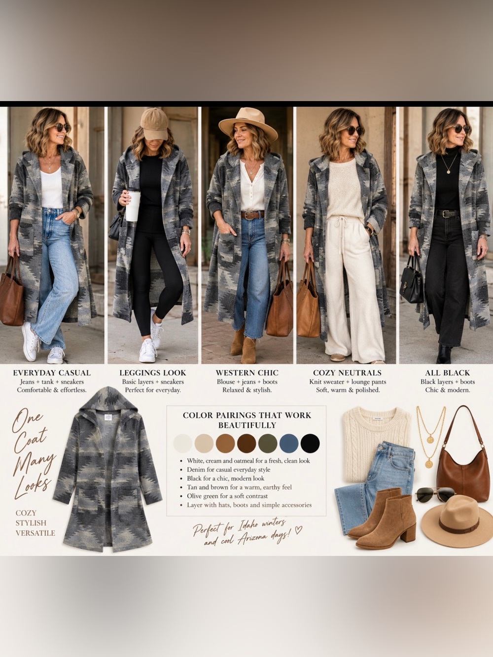 Hooded Longline Knit Cardigan - Gray Pattern